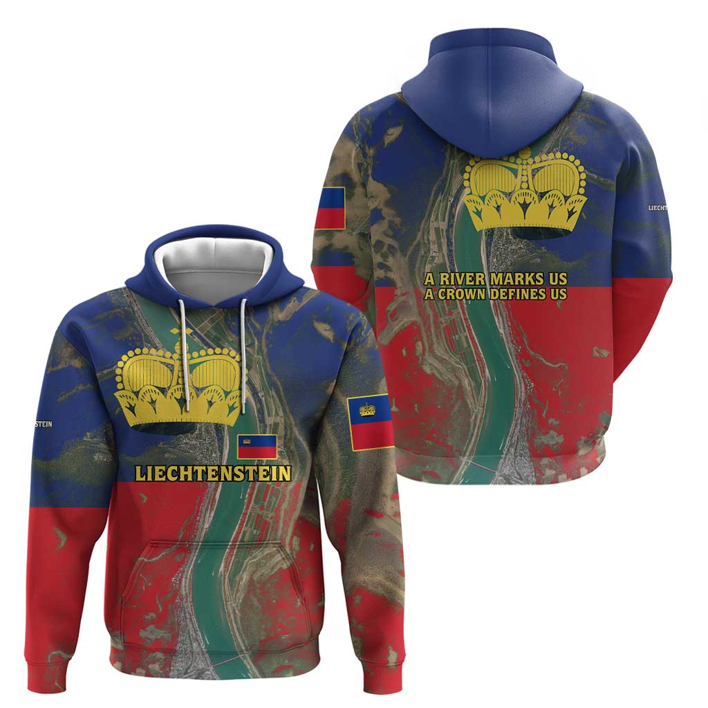 Liechtenstein Hoodie with Red Blue Aerial River Design and Yellow Crown Emblem TS04
