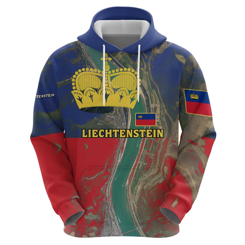 Liechtenstein Hoodie with Red Blue Aerial River Design and Yellow Crown Emblem TS04