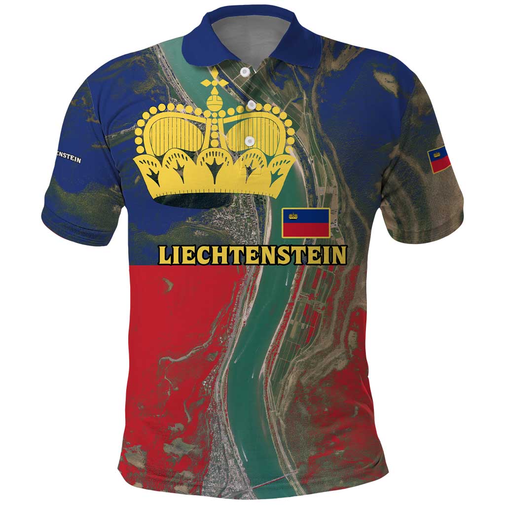 Liechtenstein Polo Shirt with Red Blue Aerial River Design and Yellow Crown Emblem TS04