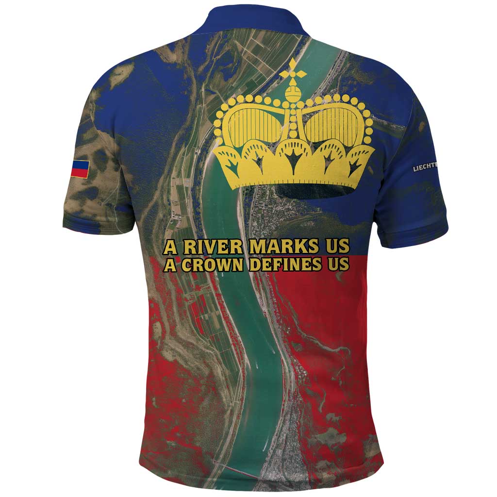 Liechtenstein Polo Shirt with Red Blue Aerial River Design and Yellow Crown Emblem TS04