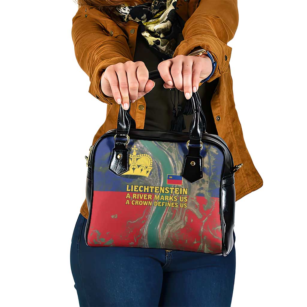 Liechtenstein Shoulder Handbag with Red Blue Aerial River Design and Yellow Crown Emblem TS04