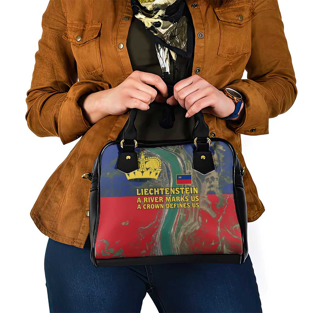 Liechtenstein Shoulder Handbag with Red Blue Aerial River Design and Yellow Crown Emblem TS04