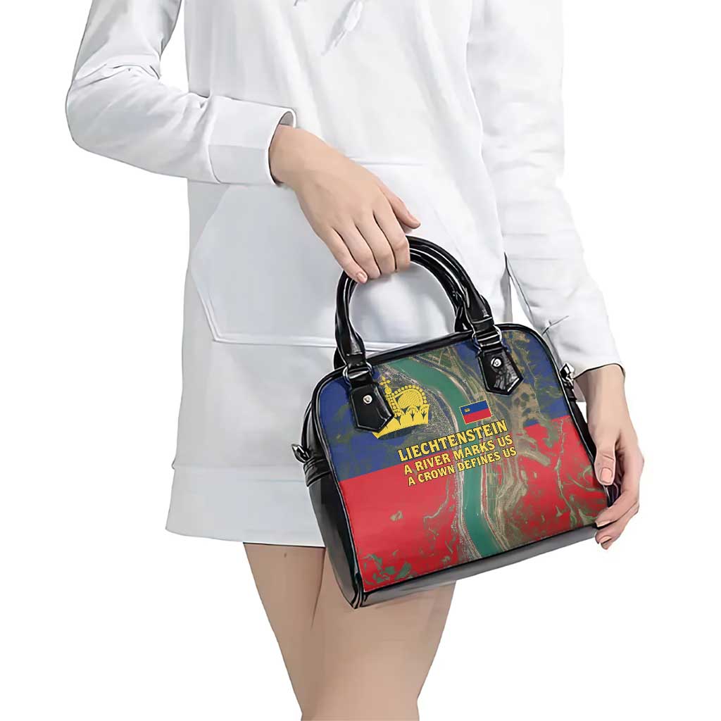 Liechtenstein Shoulder Handbag with Red Blue Aerial River Design and Yellow Crown Emblem TS04
