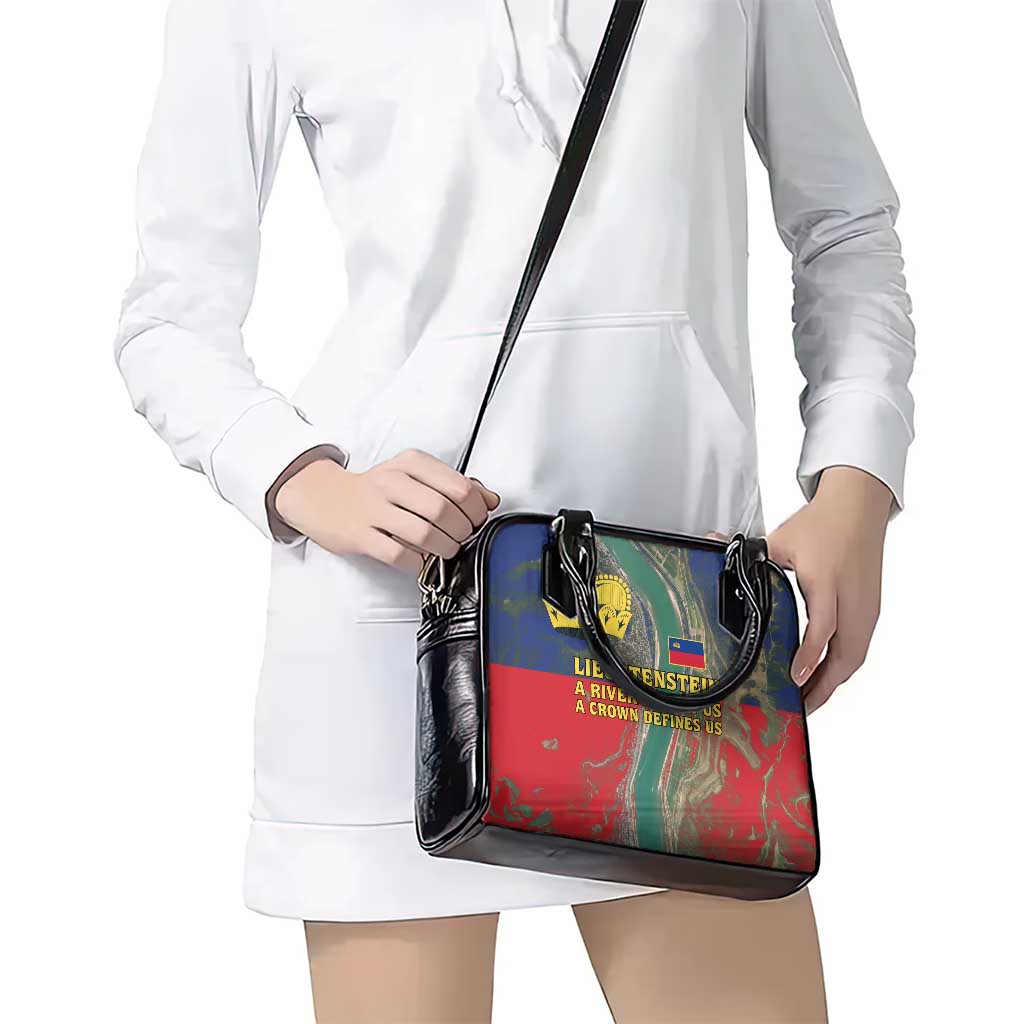 Liechtenstein Shoulder Handbag with Red Blue Aerial River Design and Yellow Crown Emblem TS04