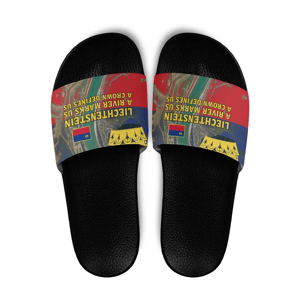 Liechtenstein Slide Sandals with Red Blue Aerial River Design and Yellow Crown Emblem TS04