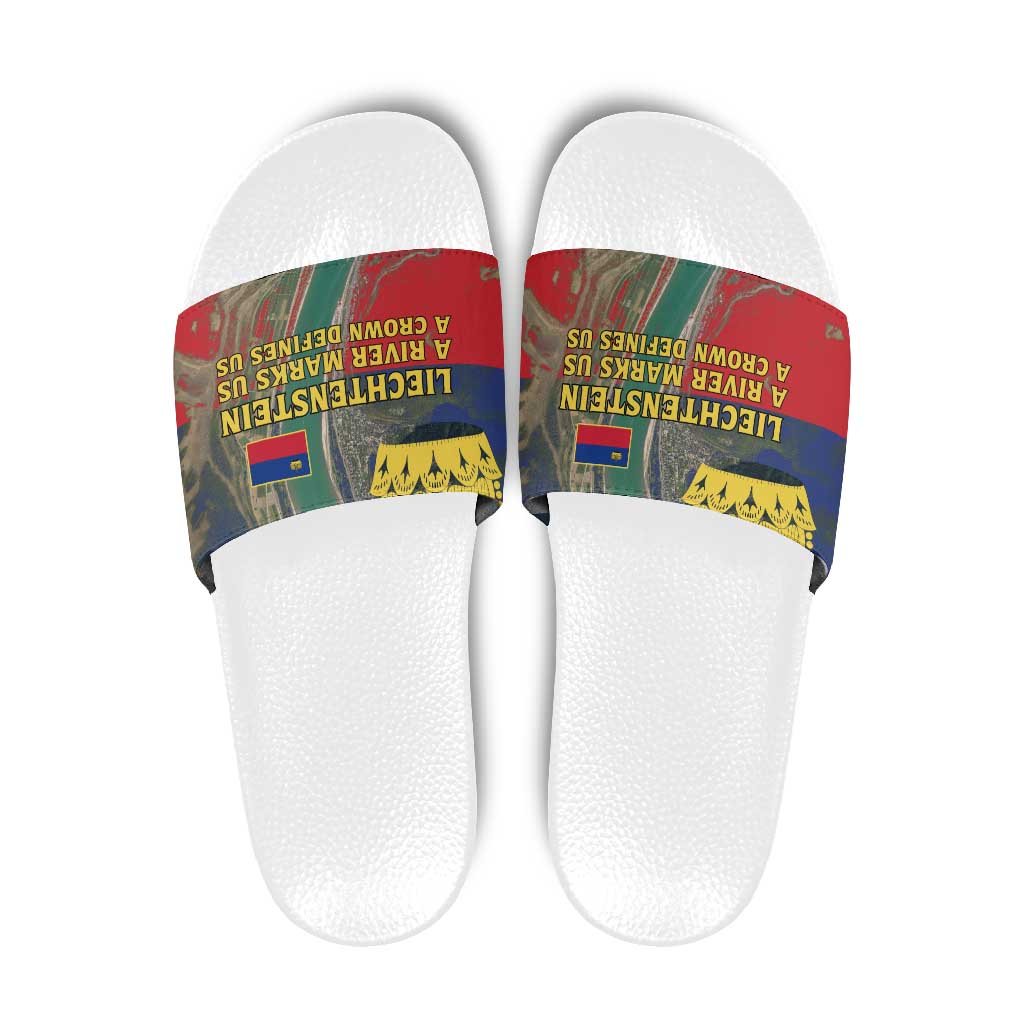 Liechtenstein Slide Sandals with Red Blue Aerial River Design and Yellow Crown Emblem TS04