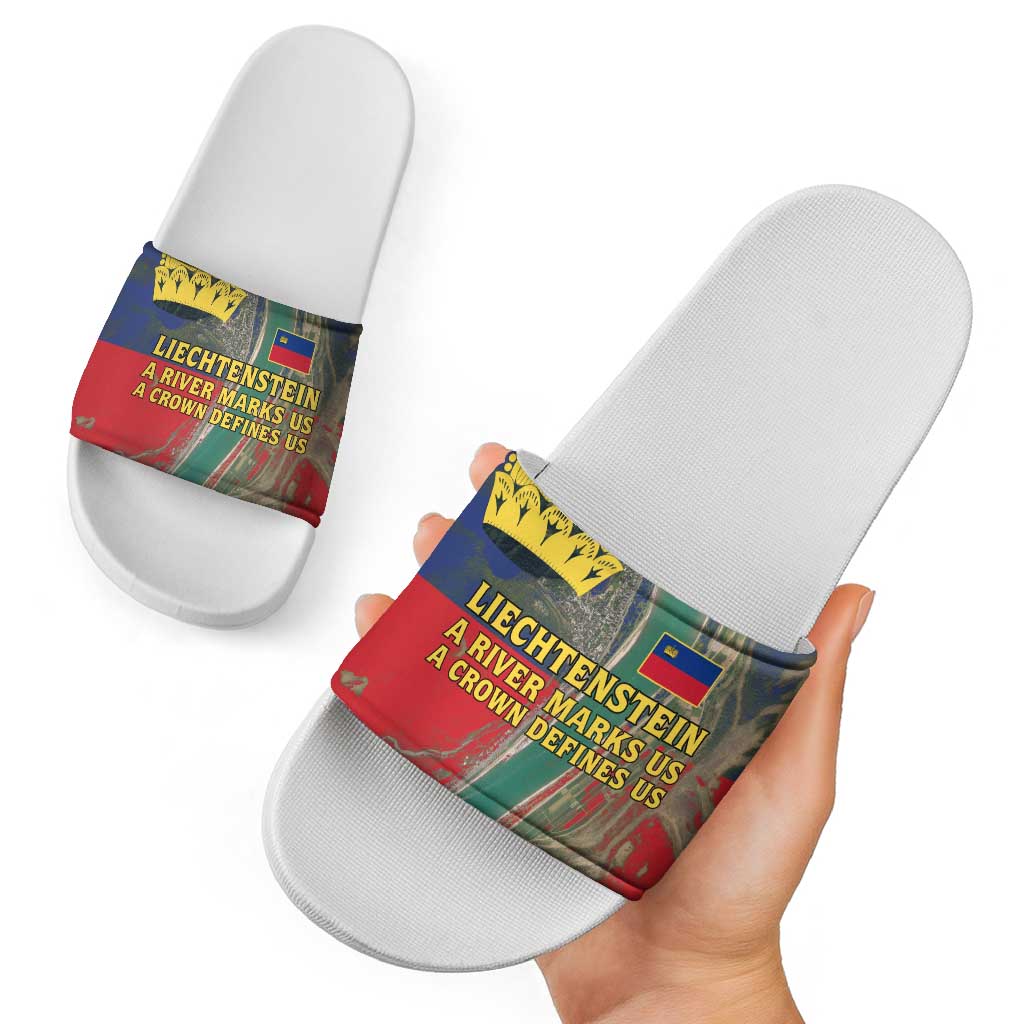 Liechtenstein Slide Sandals with Red Blue Aerial River Design and Yellow Crown Emblem TS04