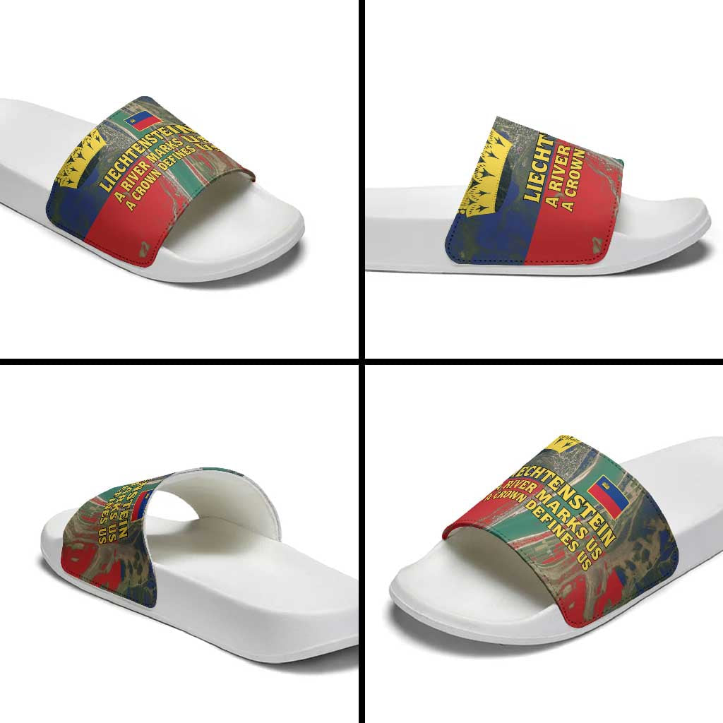 Liechtenstein Slide Sandals with Red Blue Aerial River Design and Yellow Crown Emblem TS04