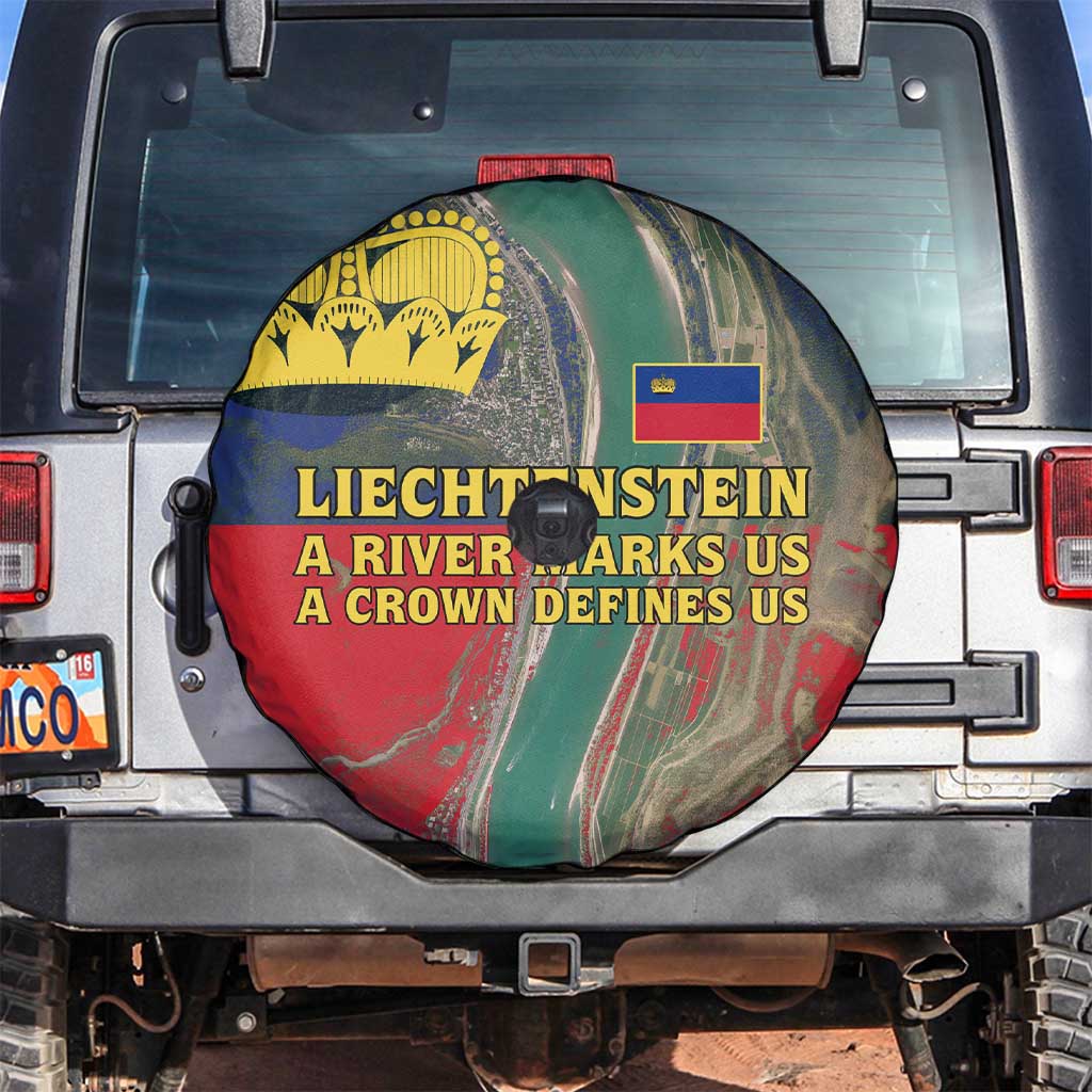 Liechtenstein Spare Tire Cover with Red Blue Aerial River Design and Yellow Crown Emblem TS04