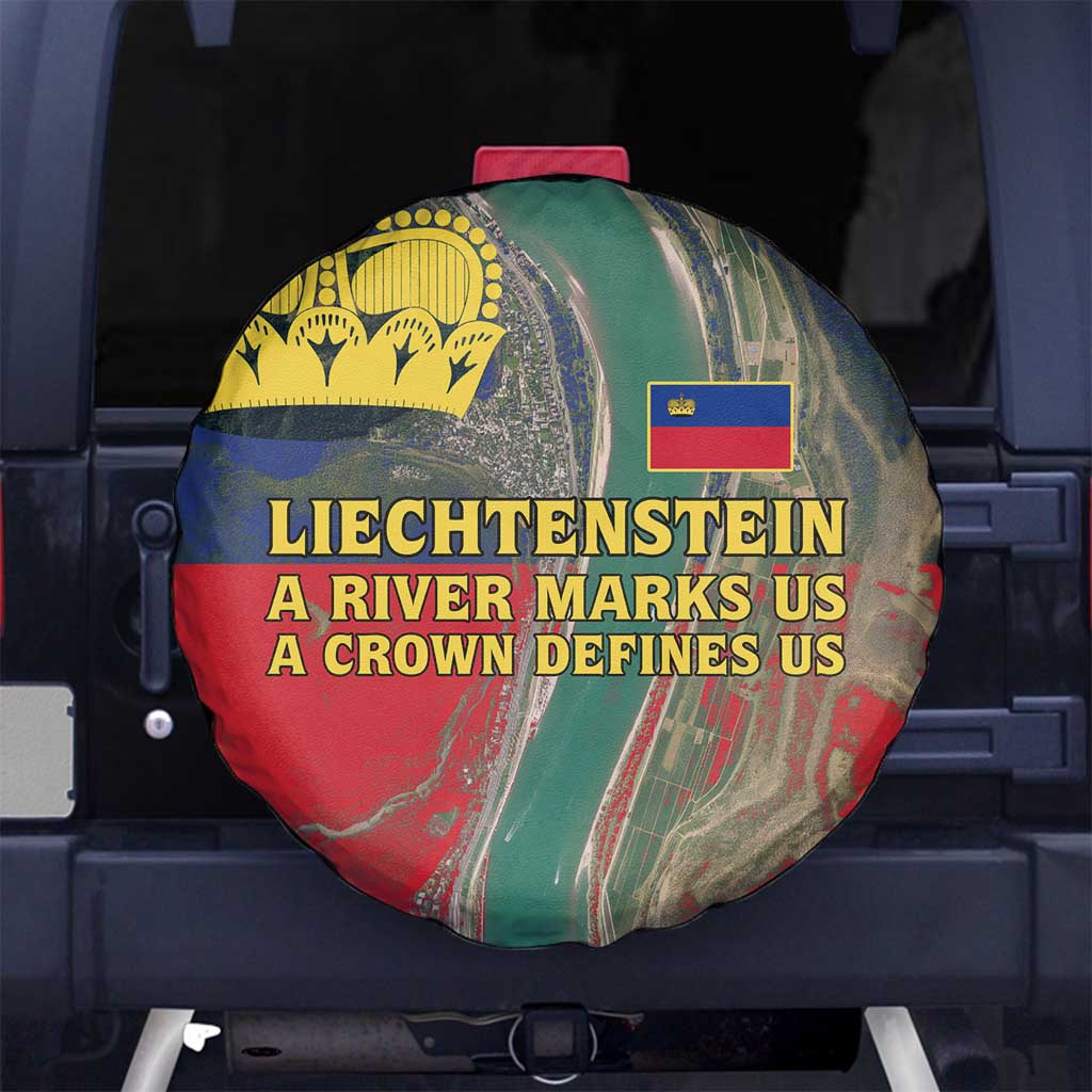 Liechtenstein Spare Tire Cover with Red Blue Aerial River Design and Yellow Crown Emblem TS04
