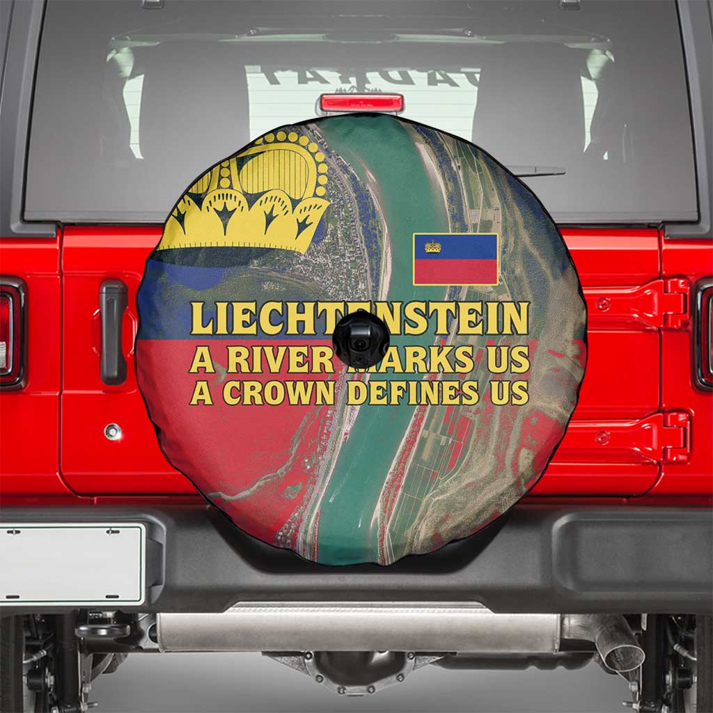 Liechtenstein Spare Tire Cover with Red Blue Aerial River Design and Yellow Crown Emblem TS04