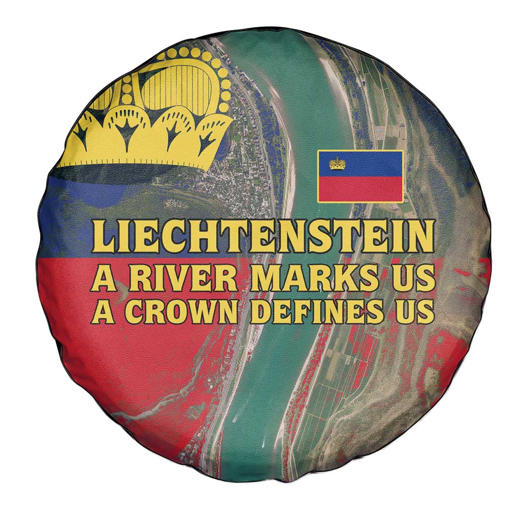 Liechtenstein Spare Tire Cover with Red Blue Aerial River Design and Yellow Crown Emblem TS04