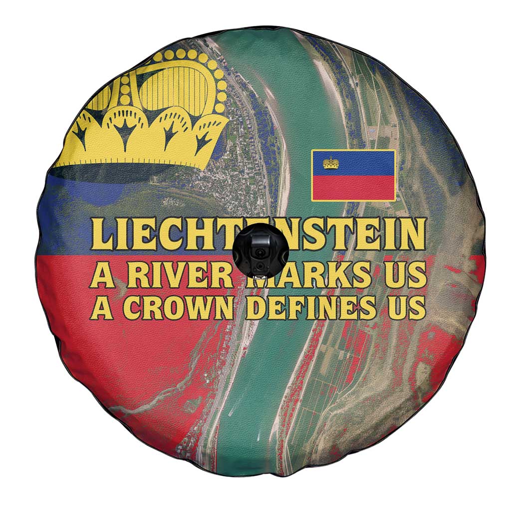 Liechtenstein Spare Tire Cover with Red Blue Aerial River Design and Yellow Crown Emblem TS04