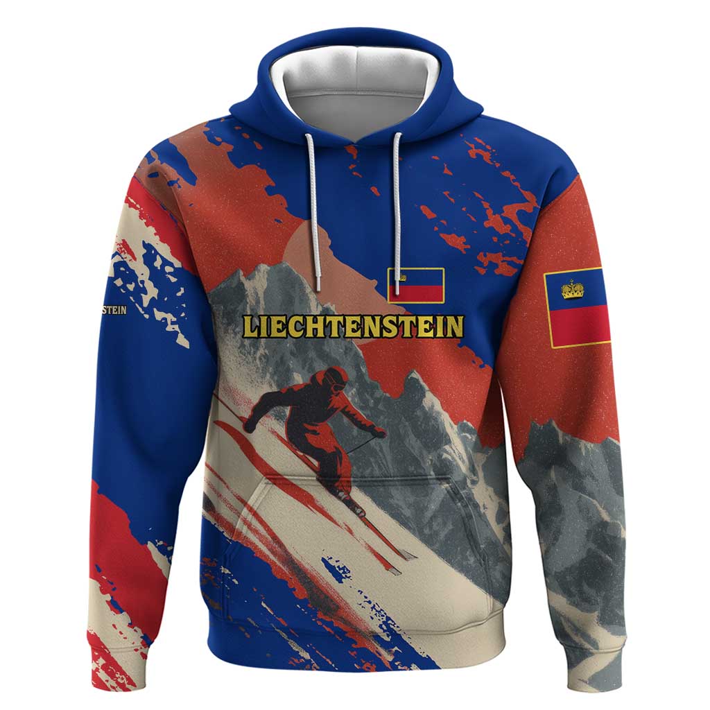 Liechtenstein Hoodie with Alpine Skiing Red Blue Design and Mountain Landscape TS04
