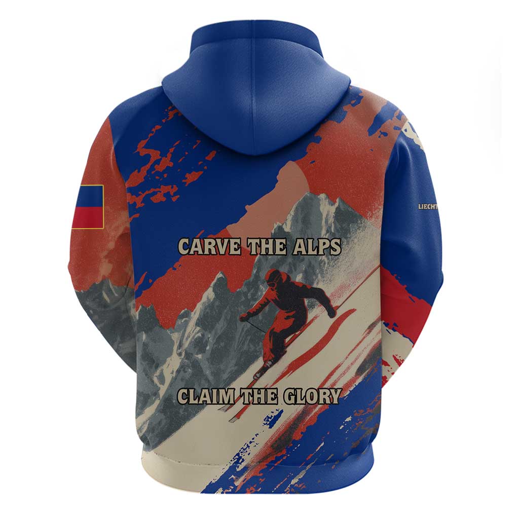 Liechtenstein Hoodie with Alpine Skiing Red Blue Design and Mountain Landscape TS04