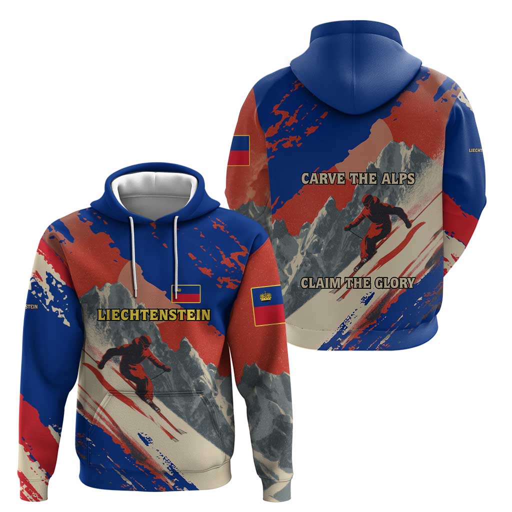 Liechtenstein Hoodie with Alpine Skiing Red Blue Design and Mountain Landscape TS04