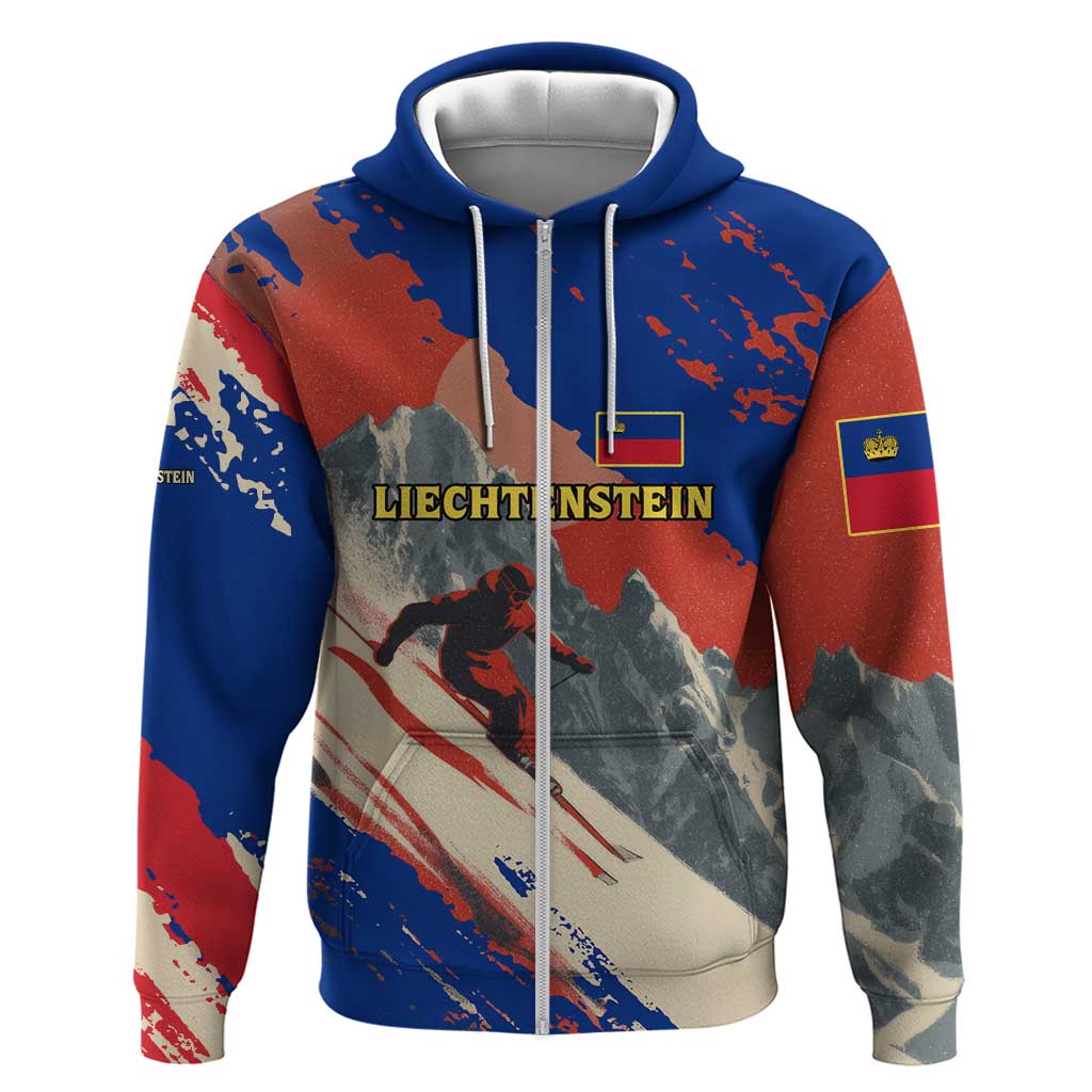 Liechtenstein Hoodie with Alpine Skiing Red Blue Design and Mountain Landscape TS04