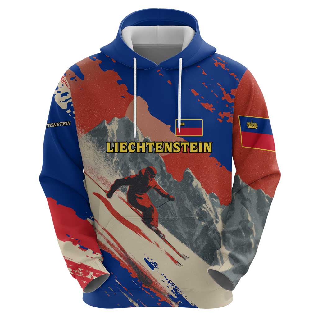 Liechtenstein Hoodie with Alpine Skiing Red Blue Design and Mountain Landscape TS04