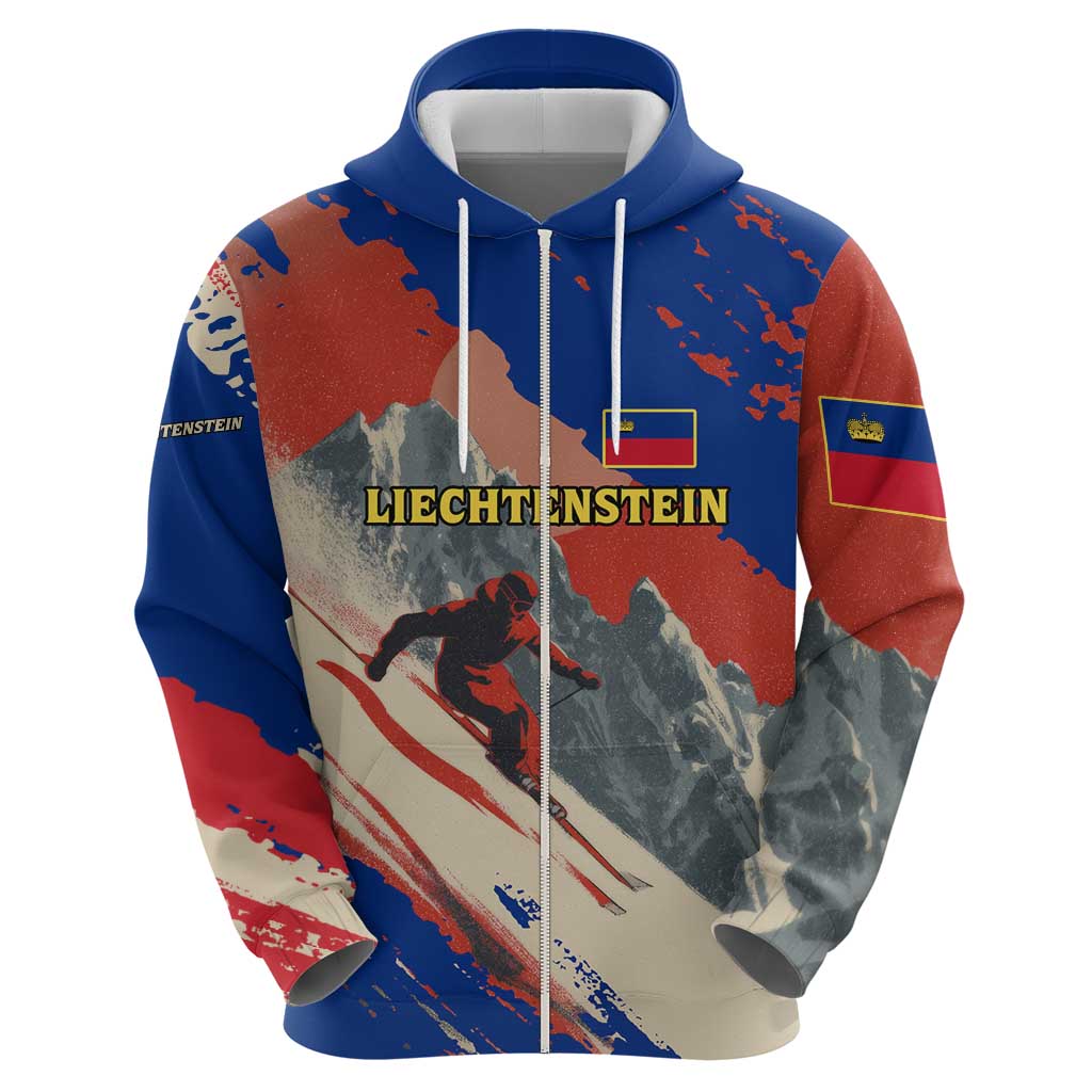 Liechtenstein Hoodie with Alpine Skiing Red Blue Design and Mountain Landscape TS04