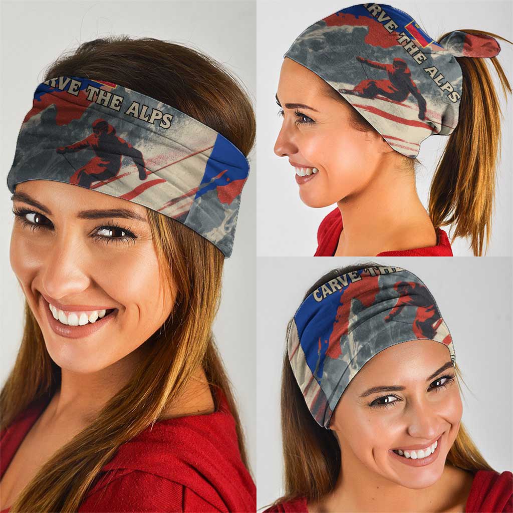 Liechtenstein Neck Gaiter with Alpine Skiing Red Blue Design and Mountain Landscape TS04