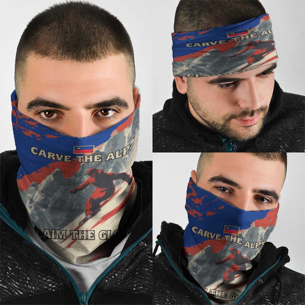 Liechtenstein Neck Gaiter with Alpine Skiing Red Blue Design and Mountain Landscape TS04