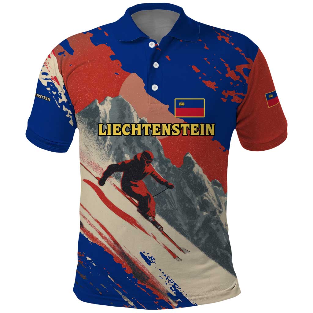 Liechtenstein Polo Shirt with Alpine Skiing Red Blue Design and Mountain Landscape TS04