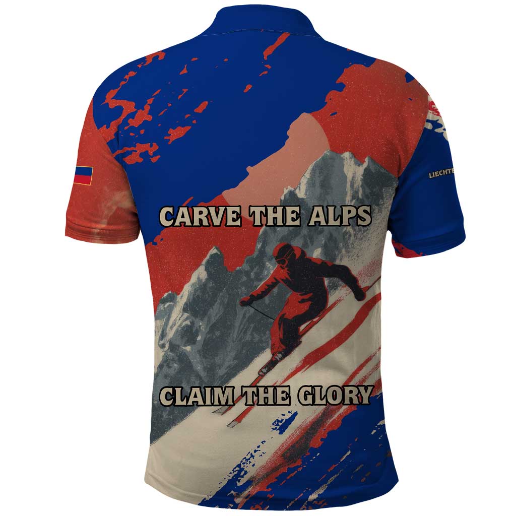 Liechtenstein Polo Shirt with Alpine Skiing Red Blue Design and Mountain Landscape TS04