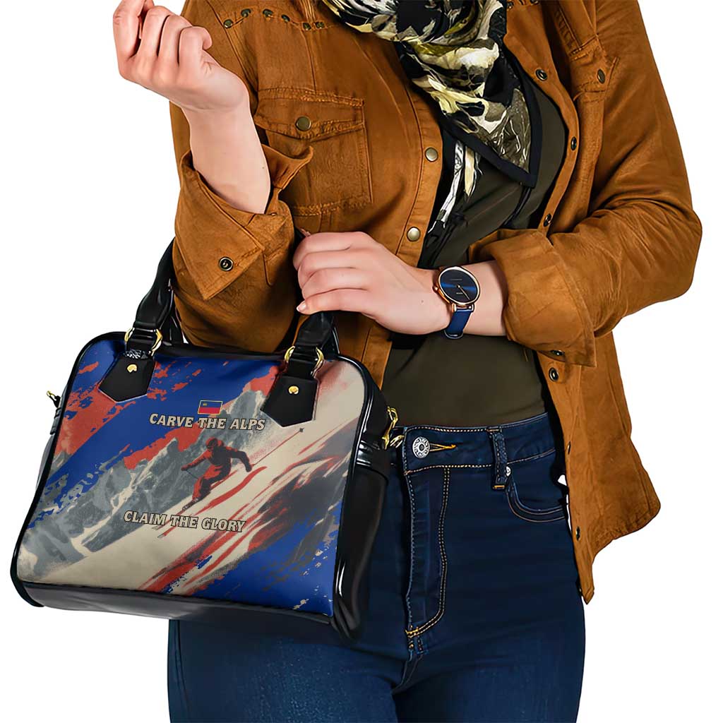 Liechtenstein Shoulder Handbag with Alpine Skiing Red Blue Design and Mountain Landscape TS04