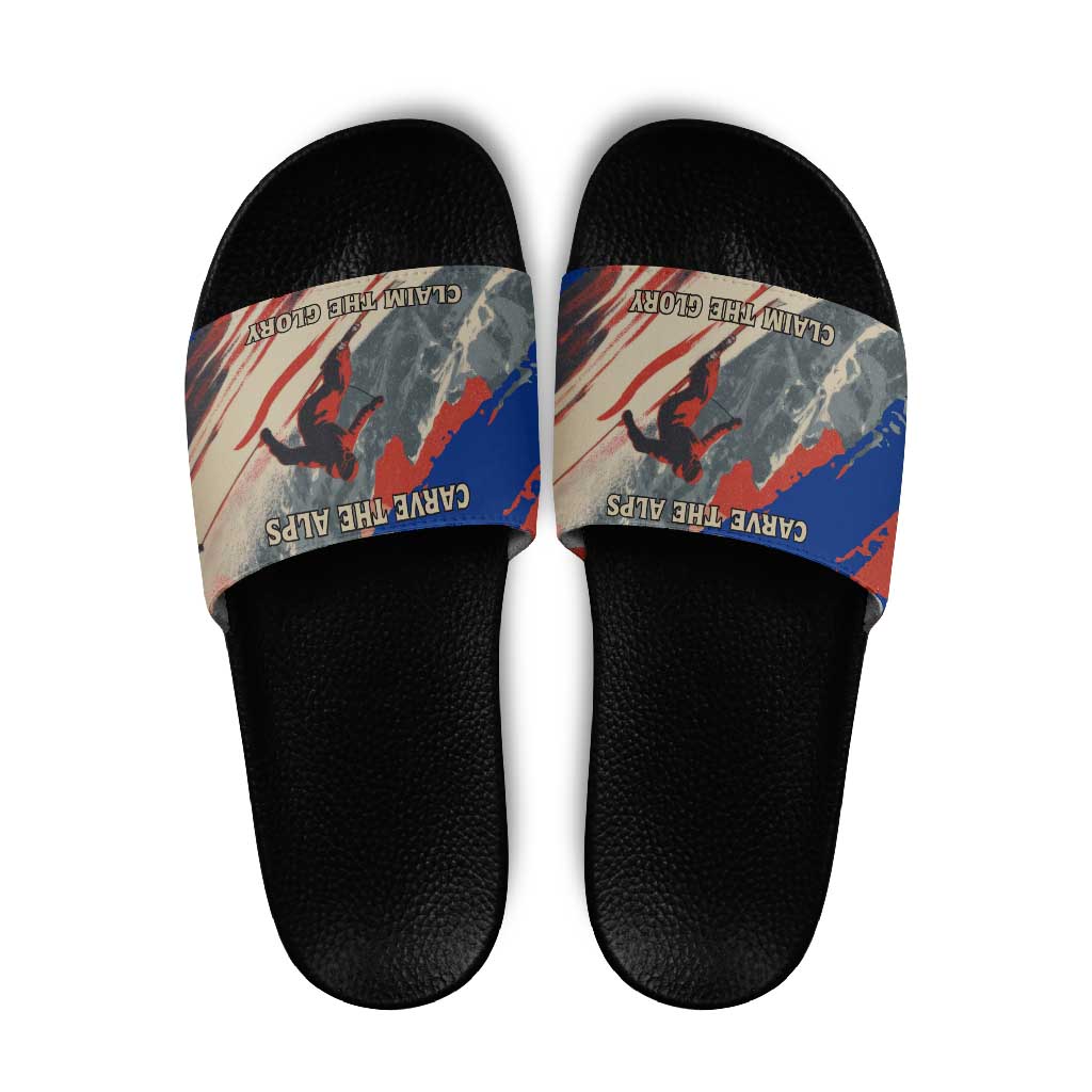Liechtenstein Slide Sandals with Alpine Skiing Red Blue Design and Mountain Landscape TS04