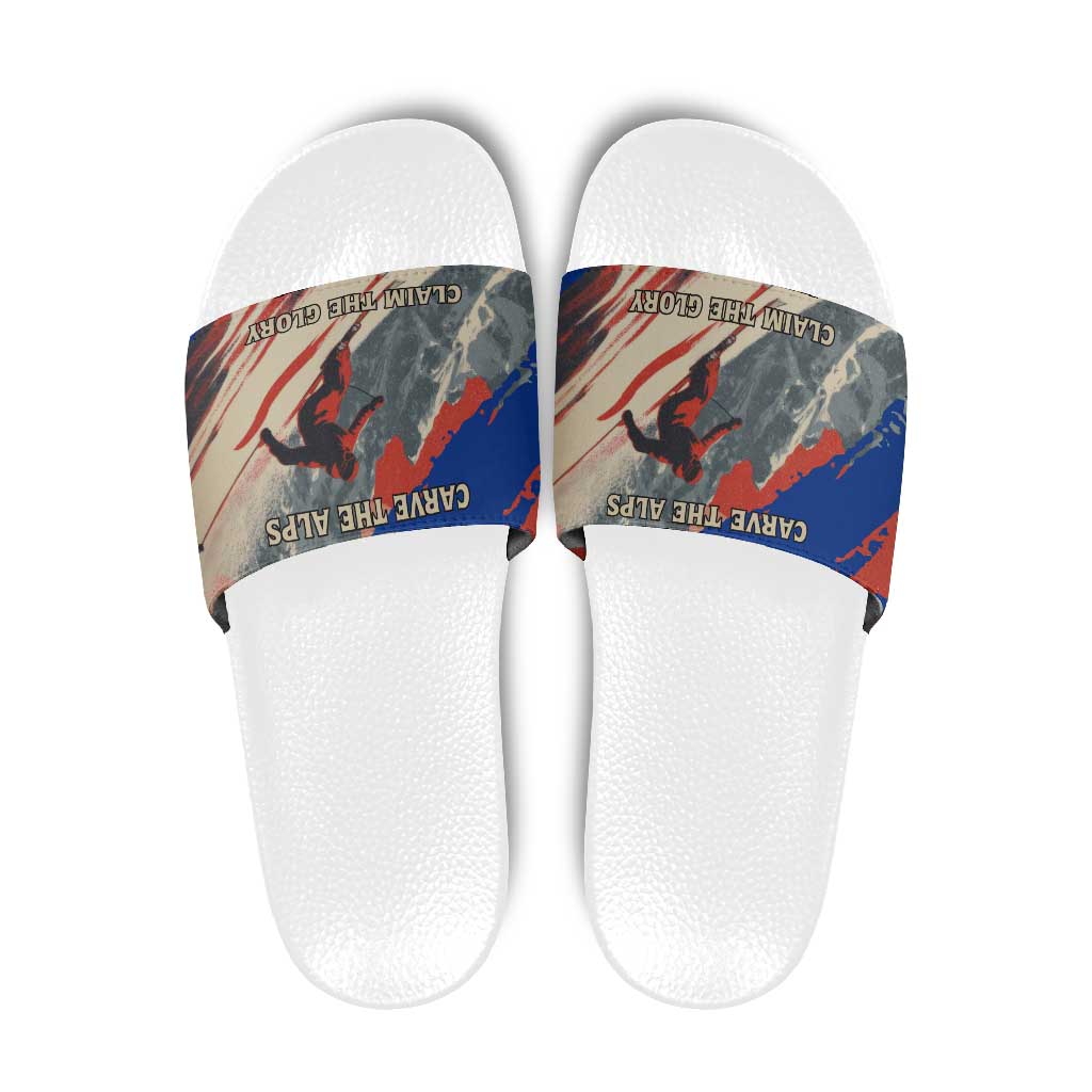 Liechtenstein Slide Sandals with Alpine Skiing Red Blue Design and Mountain Landscape TS04