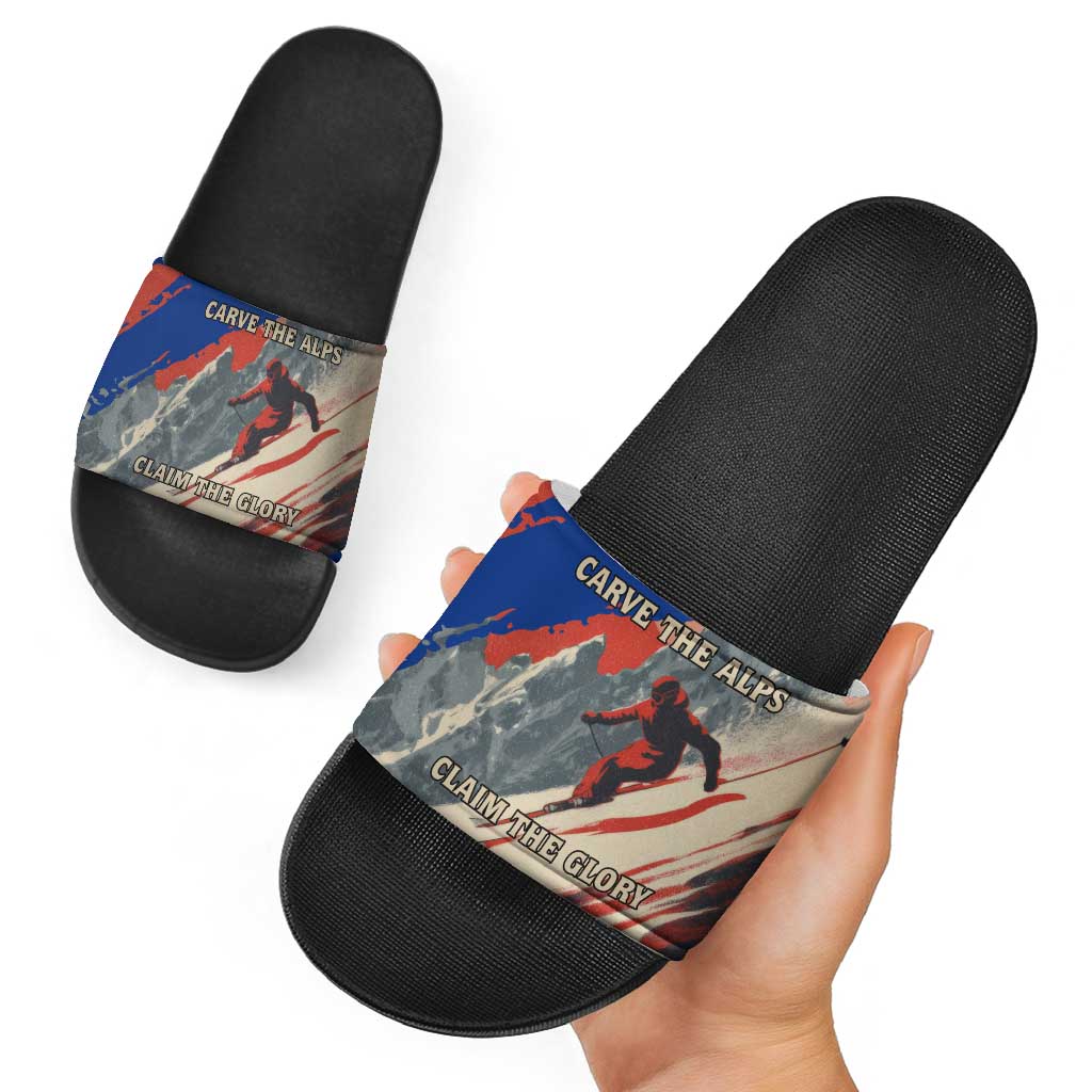 Liechtenstein Slide Sandals with Alpine Skiing Red Blue Design and Mountain Landscape TS04