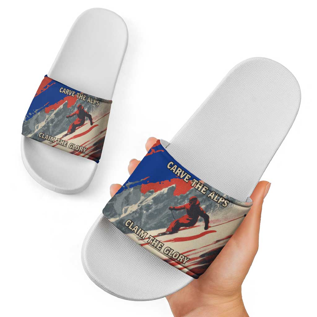 Liechtenstein Slide Sandals with Alpine Skiing Red Blue Design and Mountain Landscape TS04