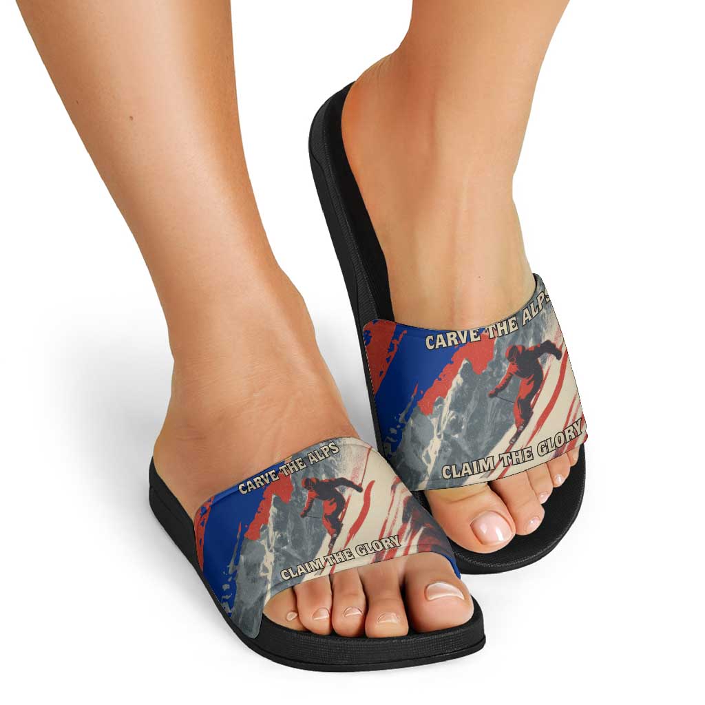 Liechtenstein Slide Sandals with Alpine Skiing Red Blue Design and Mountain Landscape TS04