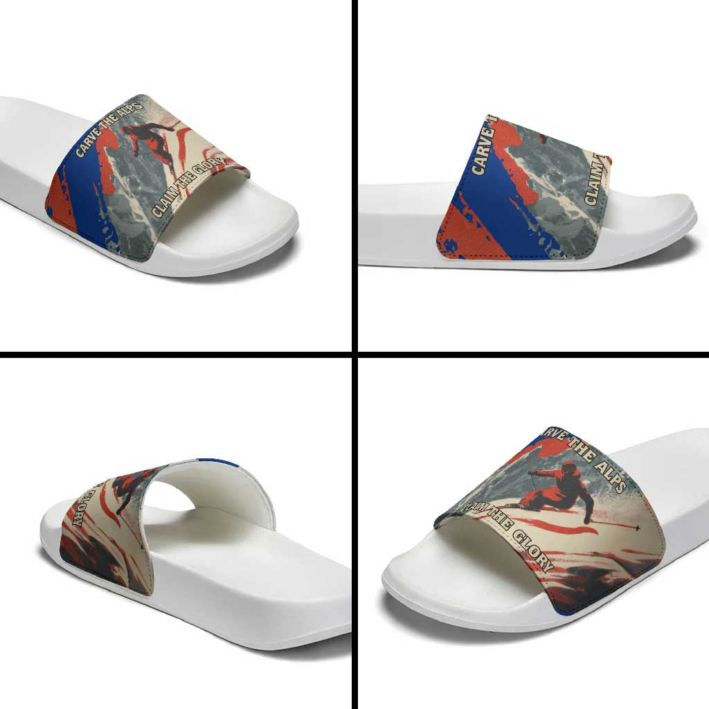 Liechtenstein Slide Sandals with Alpine Skiing Red Blue Design and Mountain Landscape TS04