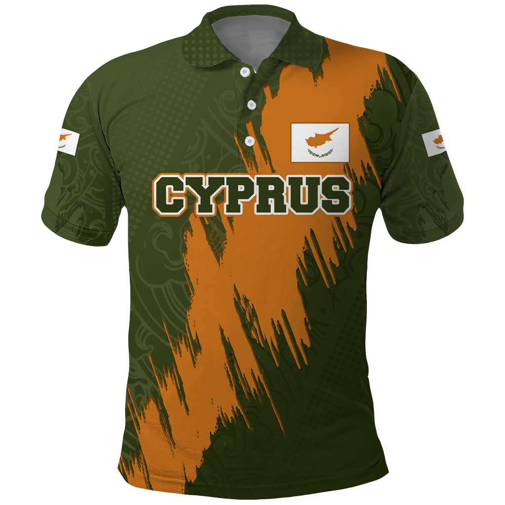 Cyprus Polo Shirt with Green Orange Brushstroke Design and National Emblem TS04