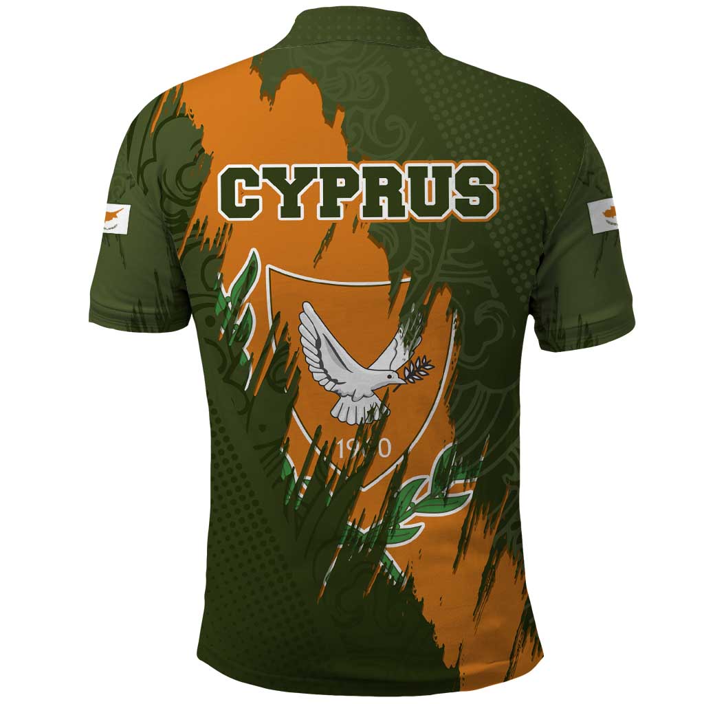 Cyprus Polo Shirt with Green Orange Brushstroke Design and National Emblem TS04
