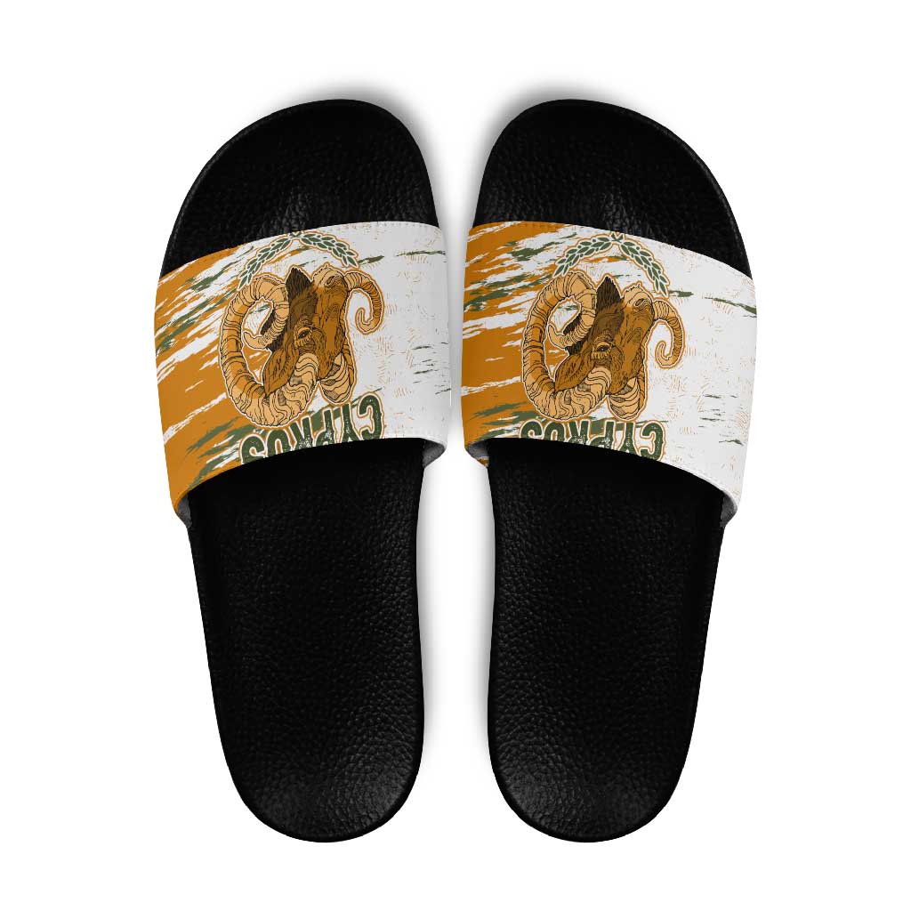 Cyprus Slide Sandals with Mouflon Illustration Design and National Laurel TS04