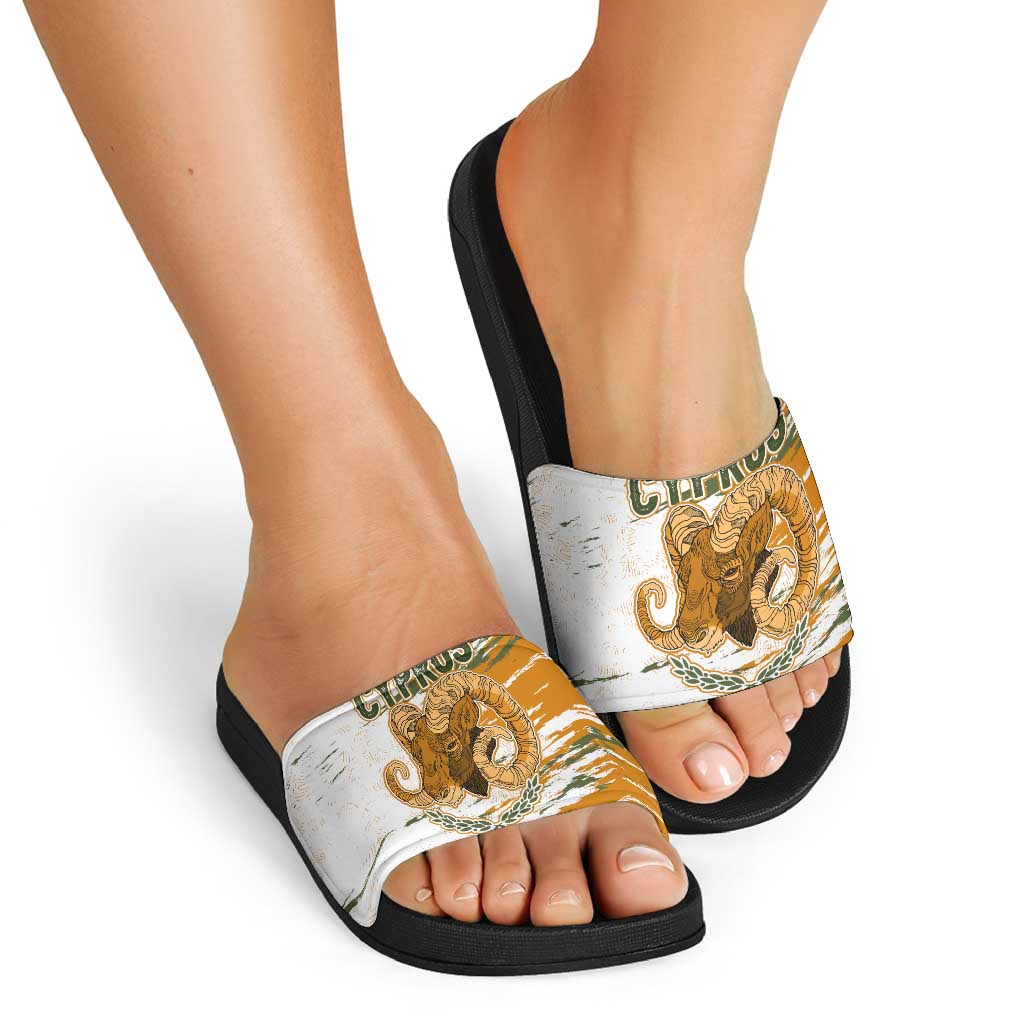 Cyprus Slide Sandals with Mouflon Illustration Design and National Laurel TS04