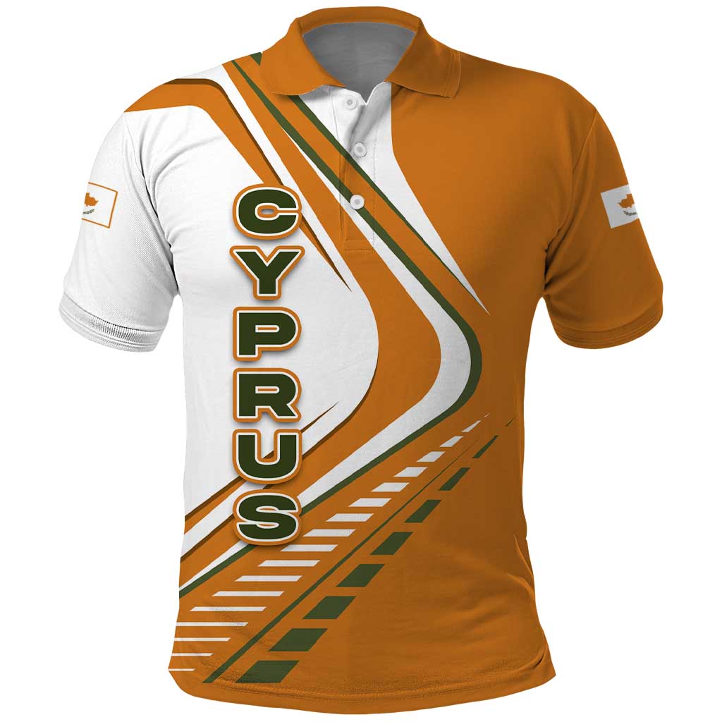Cyprus Polo Shirt with Orange White Abstract Streak Design and Flag Emblem TS04
