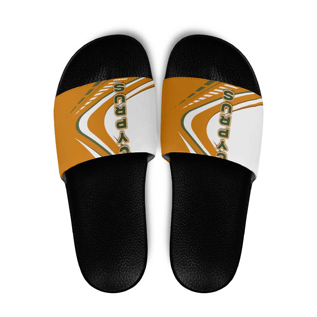 Cyprus Slide Sandals with Orange White Abstract Streak Design and Flag Emblem TS04