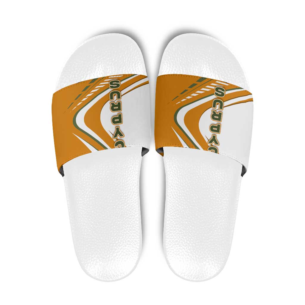 Cyprus Slide Sandals with Orange White Abstract Streak Design and Flag Emblem TS04