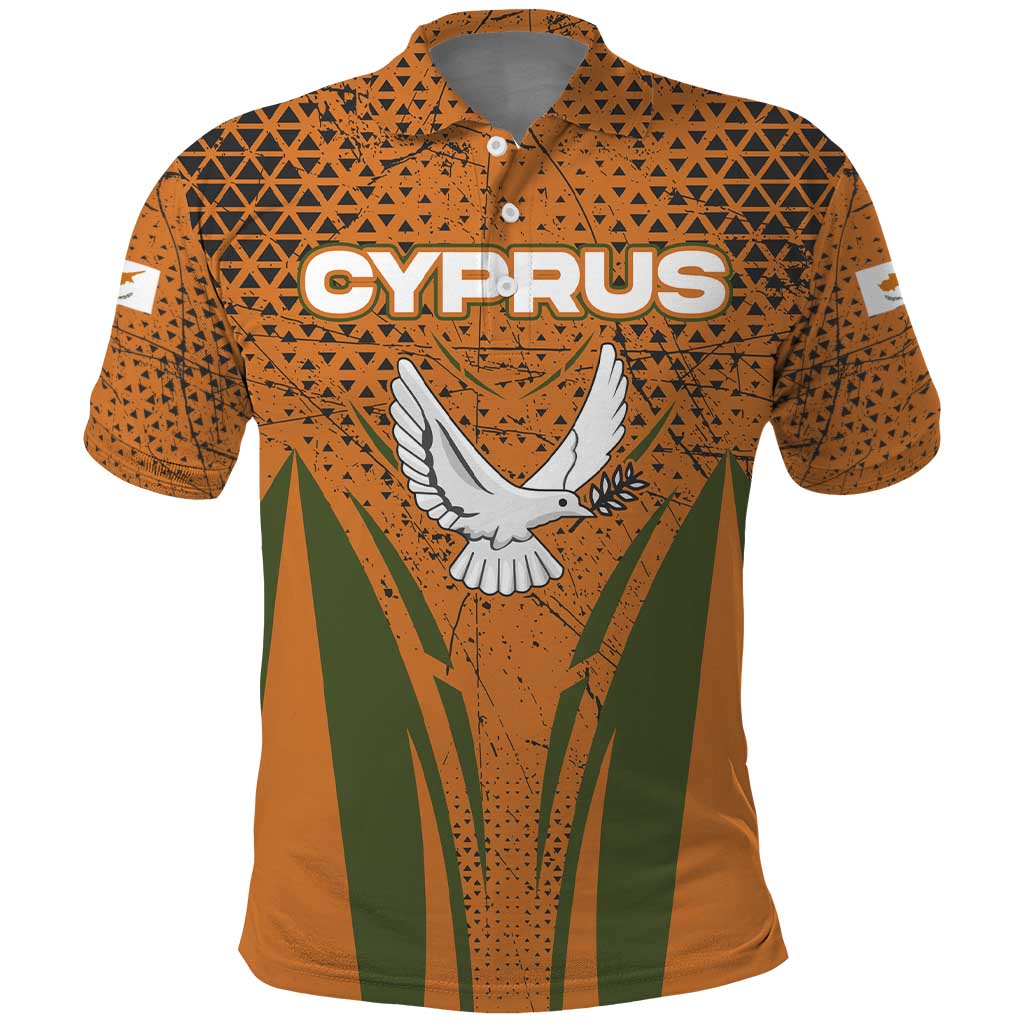 Cyprus Polo Shirt with Orange Green Grunge Design and Peace Dove Emblem TS04