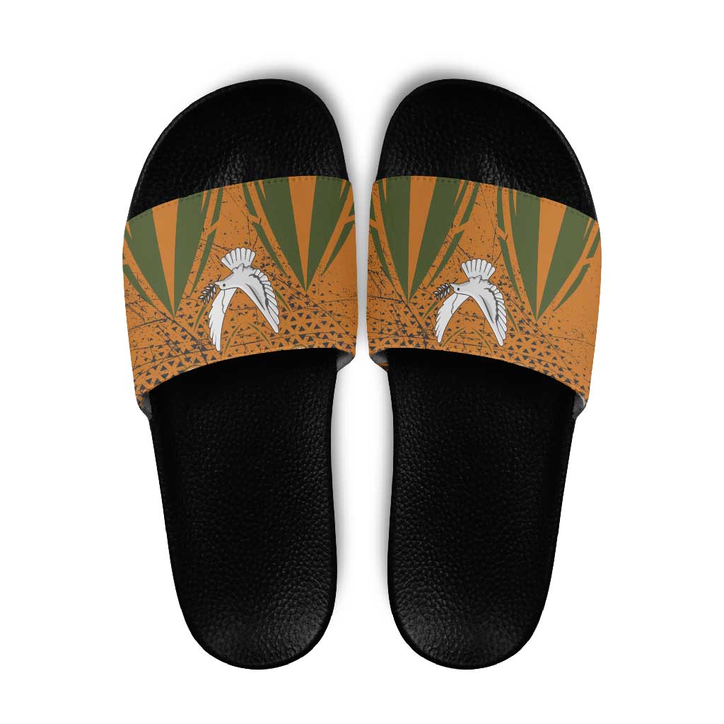 Cyprus Slide Sandals with Orange Green Grunge Design and Peace Dove Emblem TS04