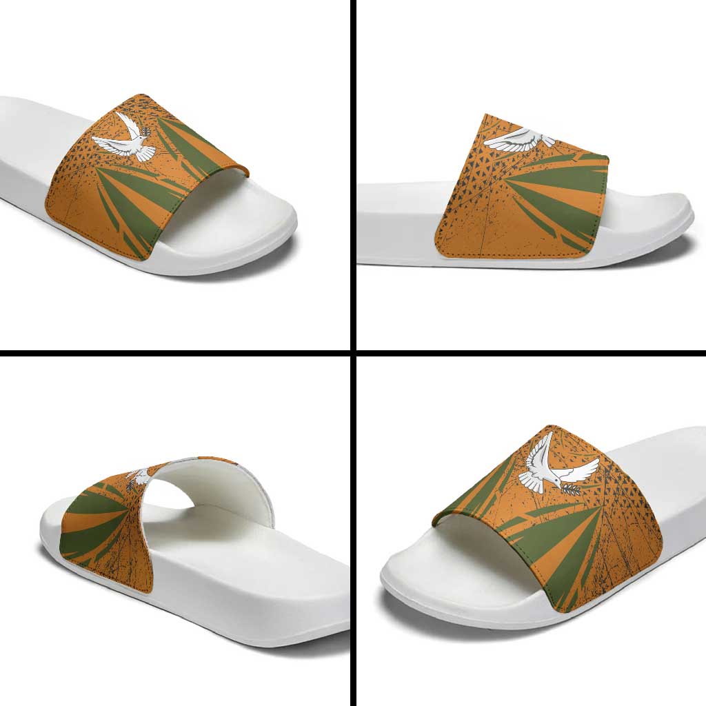 Cyprus Slide Sandals with Orange Green Grunge Design and Peace Dove Emblem TS04