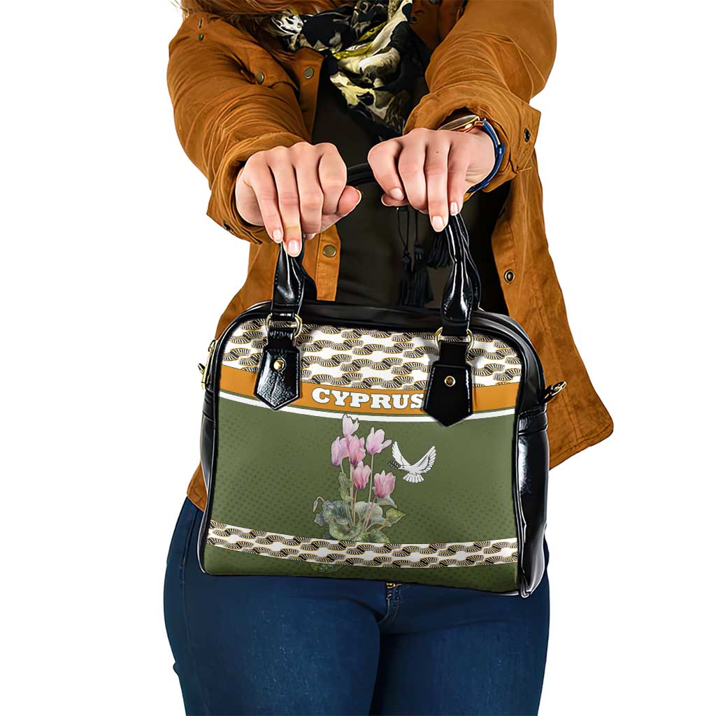 Cyprus Shoulder Handbag with Cyclamen Flower Illustration Design and National Emblem TS04