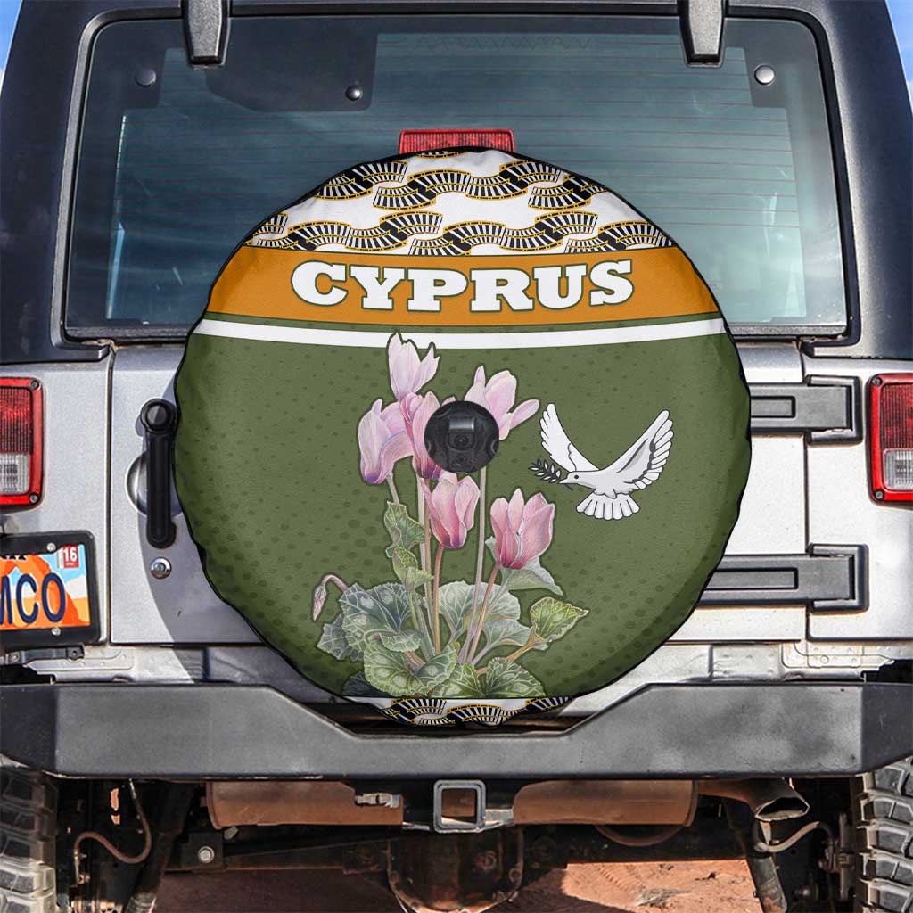 Cyprus Spare Tire Cover with Cyclamen Flower Illustration Design and National Emblem TS04
