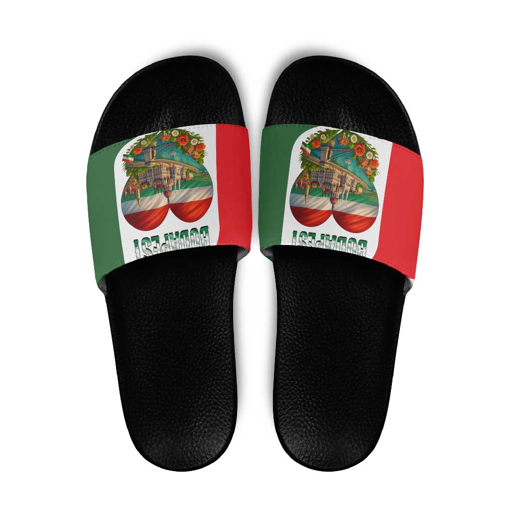 Hungary Slide Sandals with Budapest Heart Illustration Design and Crown Emblem TS04