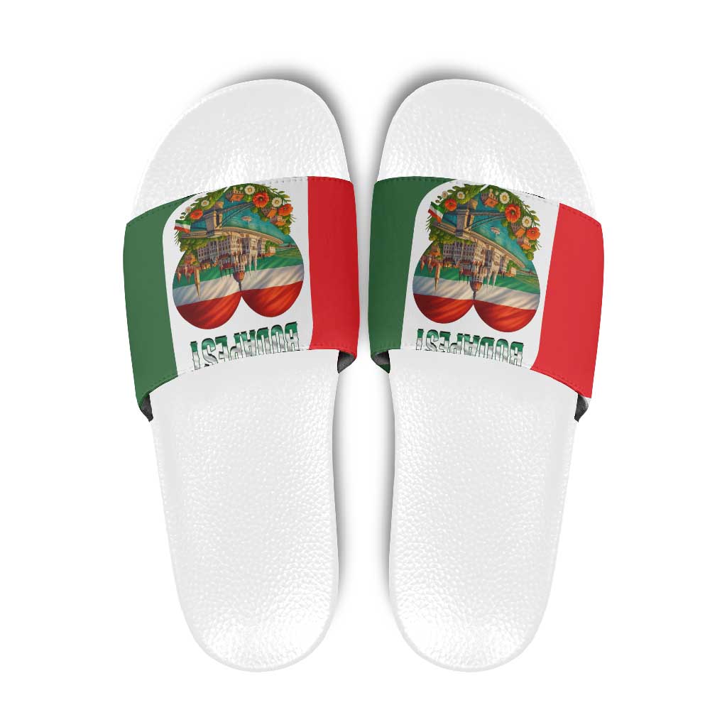 Hungary Slide Sandals with Budapest Heart Illustration Design and Crown Emblem TS04