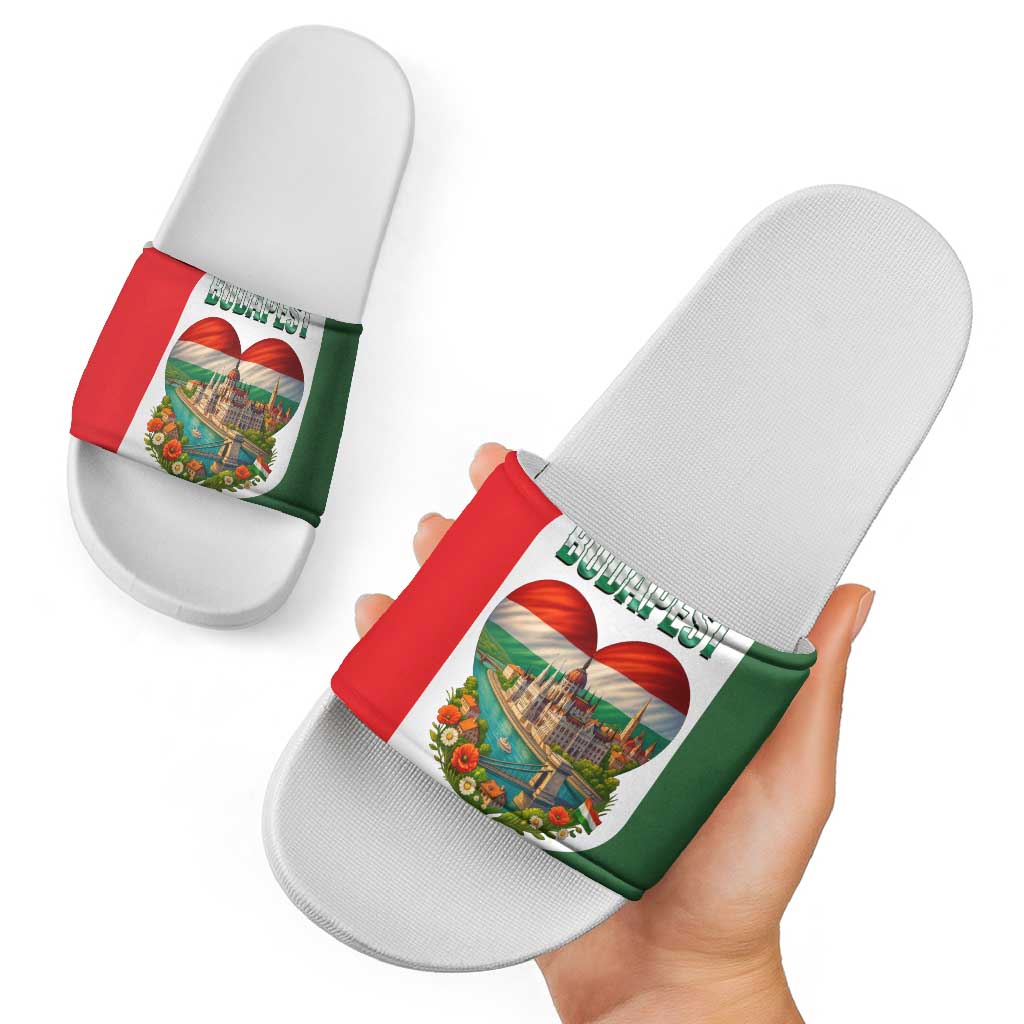 Hungary Slide Sandals with Budapest Heart Illustration Design and Crown Emblem TS04