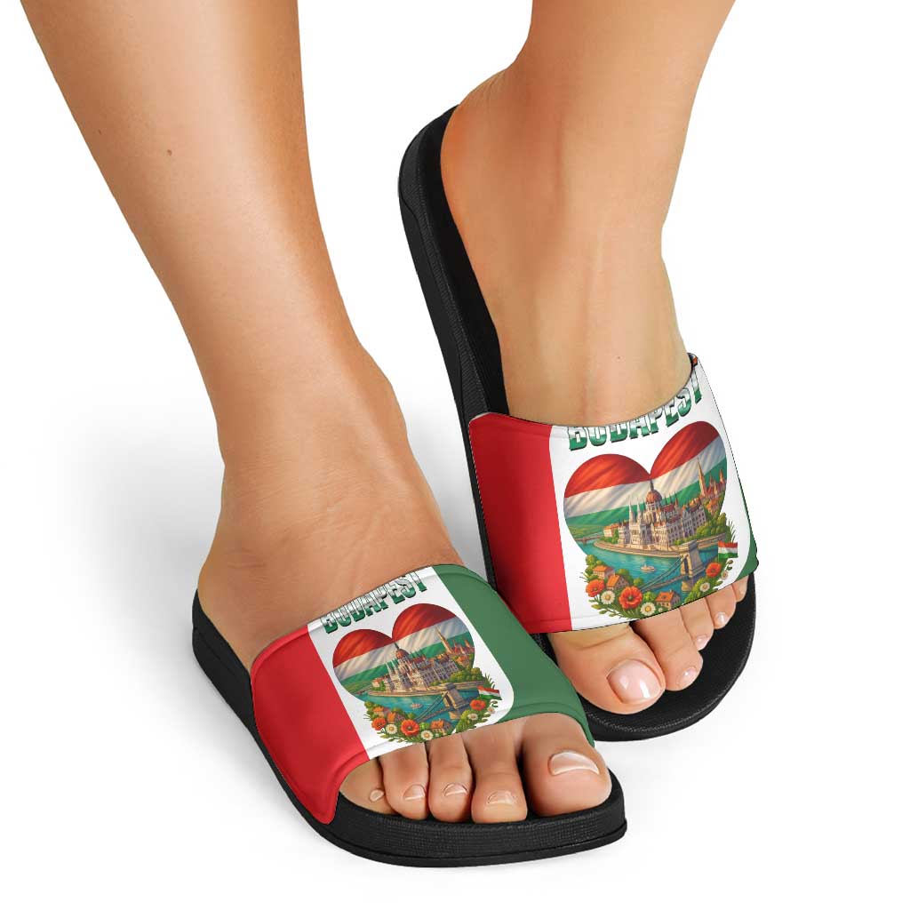 Hungary Slide Sandals with Budapest Heart Illustration Design and Crown Emblem TS04